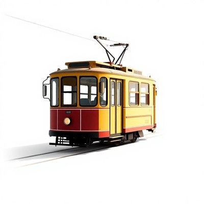 A yellow tram runs on tracks