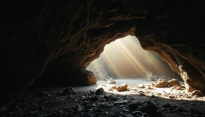 Sunlight streams through a cave opening