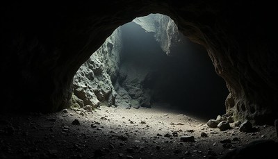 A dark cave with light shining through the entrance