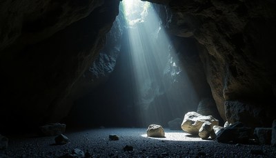 A beam of light shines into a dark cave