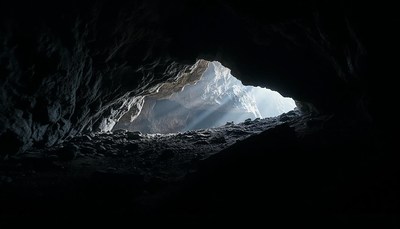 Light shines through a cave opening