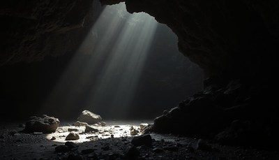 Sunlight streams through a cave opening