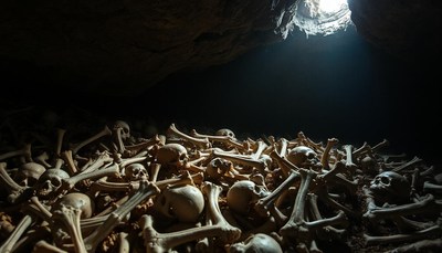 Bones lay in a dark cave