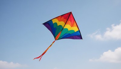 A rainbow kite flies high in the sky