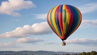 A colorful hot air balloon floats in the sky