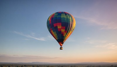 A colorful hot air balloon floats in the sky at sunset