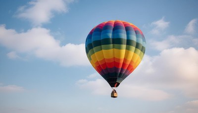 A colorful hot air balloon floats through a clear sky