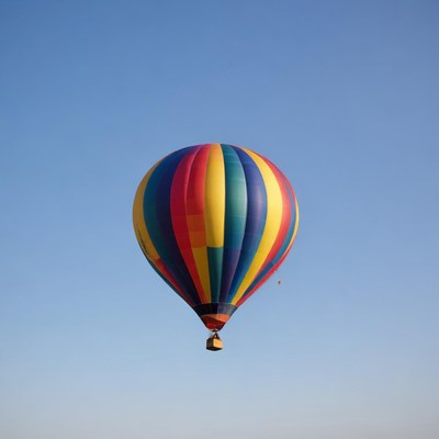 A colorful hot air balloon floats in the sky
