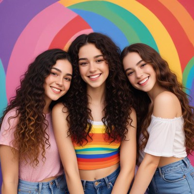 Three friends smile in front of a rainbow backdrop