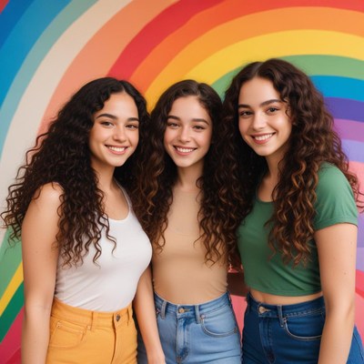 Three friends smile in front of a rainbow