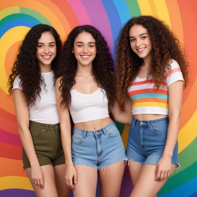 Three women smile in front of a rainbow background