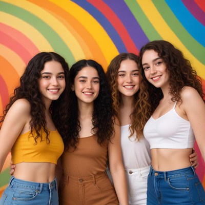 Four friends smile in front of a rainbow backdrop