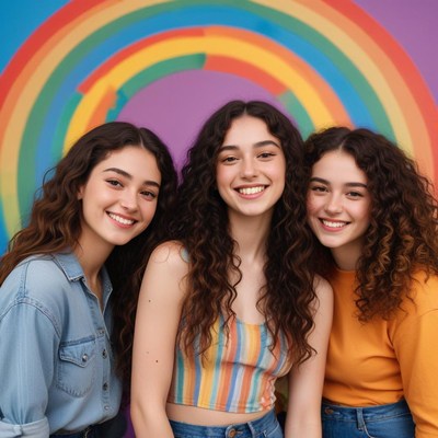 Three friends smile for the camera in front of a rainbow
