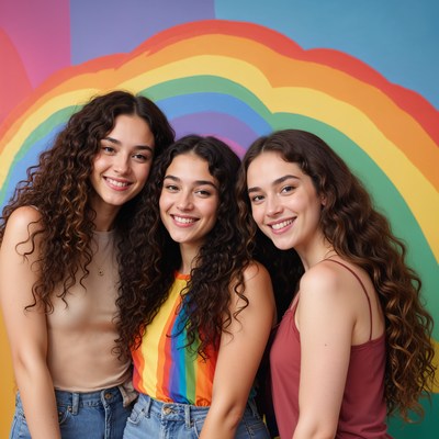 Three friends smile in front of a rainbow