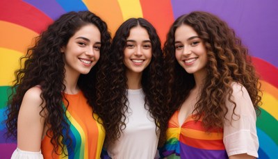 Three women smile in front of a rainbow background