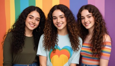 Three curly-haired women smile by a rainbow backdrop