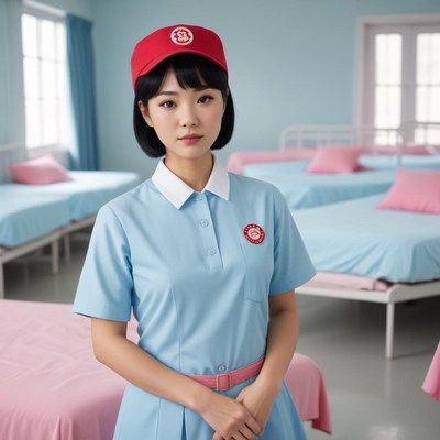 A woman in a blue uniform stands in a room with beds