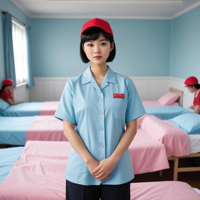 A woman stands in a room with beds, wearing a blue uniform