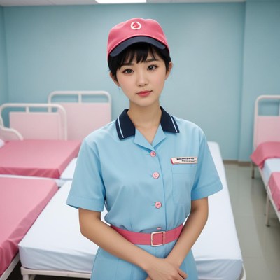A woman in a blue uniform stands in a room with beds