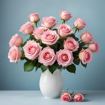 A bouquet of pink roses in a white vase