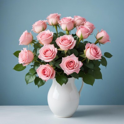 A bouquet of pink roses in a white pitcher