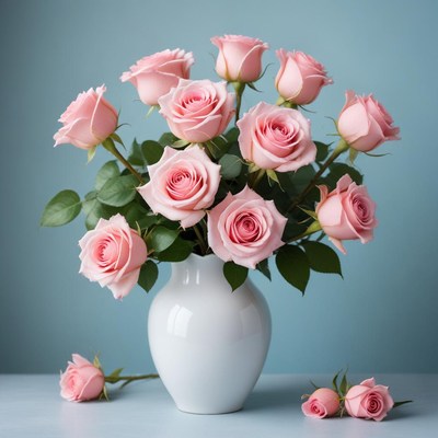 A bouquet of pink roses in a white vase on a table
