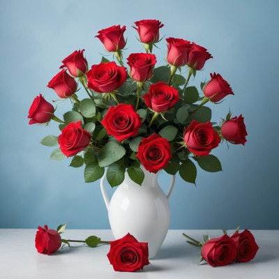 A bouquet of red roses in a white vase