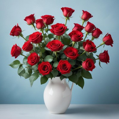 A bouquet of red roses in a white pitcher