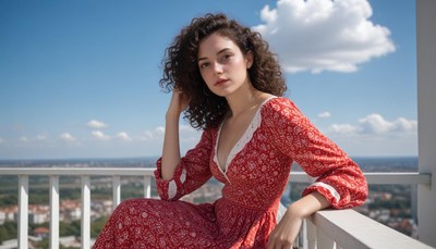 Woman in red dress relaxes on city balcony