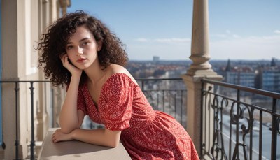 A woman leans on a railing, looking out over the city