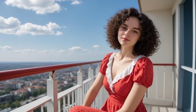 A woman sits on a balcony overlooking a city