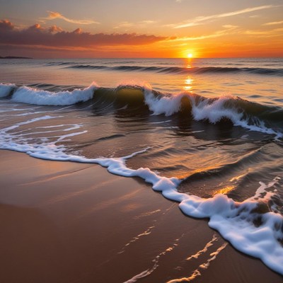 Waves crash on the beach at sunset