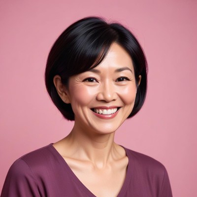 A woman smiles in front of a pink background