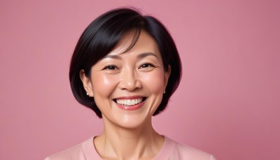 A woman with short black hair smiles at the camera