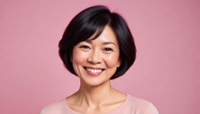 A woman smiles in front of a pink background