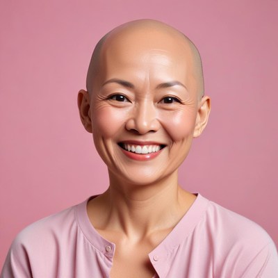 A woman smiles against a pink background