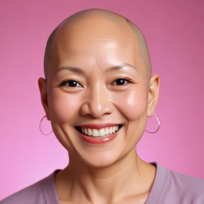 A woman with short hair smiles against a pink background