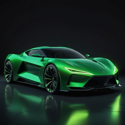 A green sports car sits on a black surface