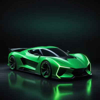 A green sports car sits on a dark surface
