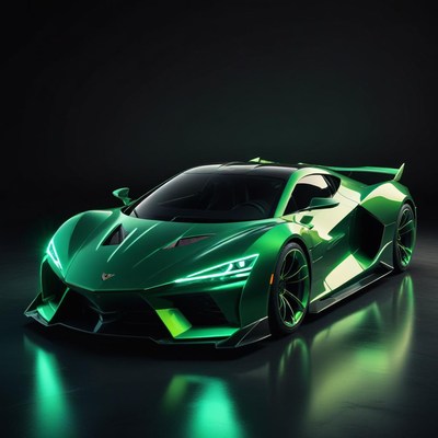 A green sports car sits on a black surface