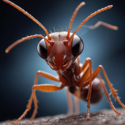 A close-up of a red ant looking directly at the camera