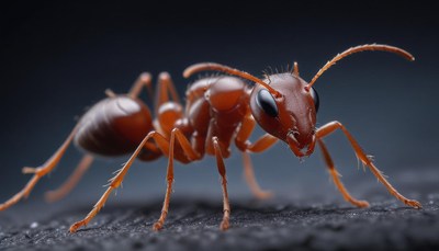 A red ant walks on a dark surface