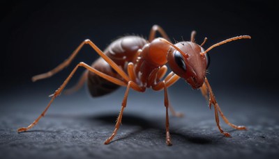 A red ant walks across a dark surface