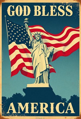 The statue of liberty stands tall with an american flag