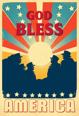 Patriotic poster: sun over soldiers, god bless america