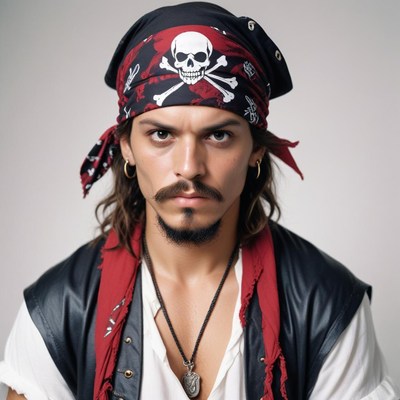 A man in a pirate bandana glares at the camera