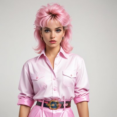 A woman with pink hair poses in a pink shirt and pants