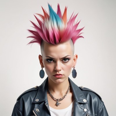 Pink and blue-haired woman stares at the camera