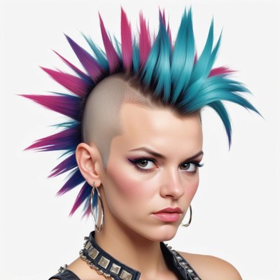 Woman with blue and pink mohawk stares at camera