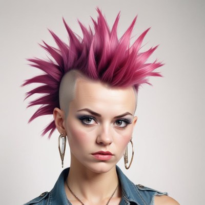 A woman with a pink mohawk stares at the camera